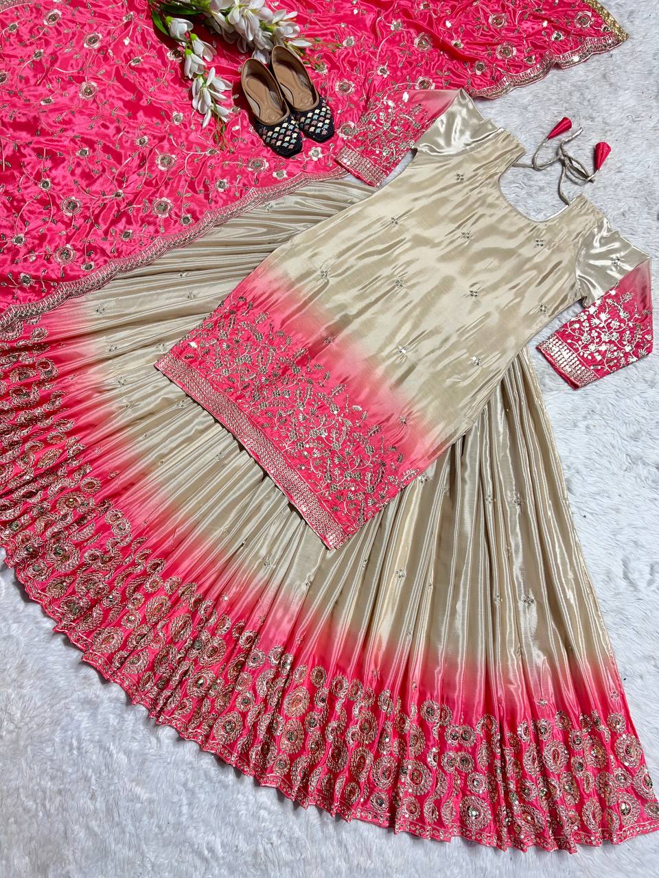 Beautiful Top Lehenga And Dupatta With Multi Needle Embroidery Work