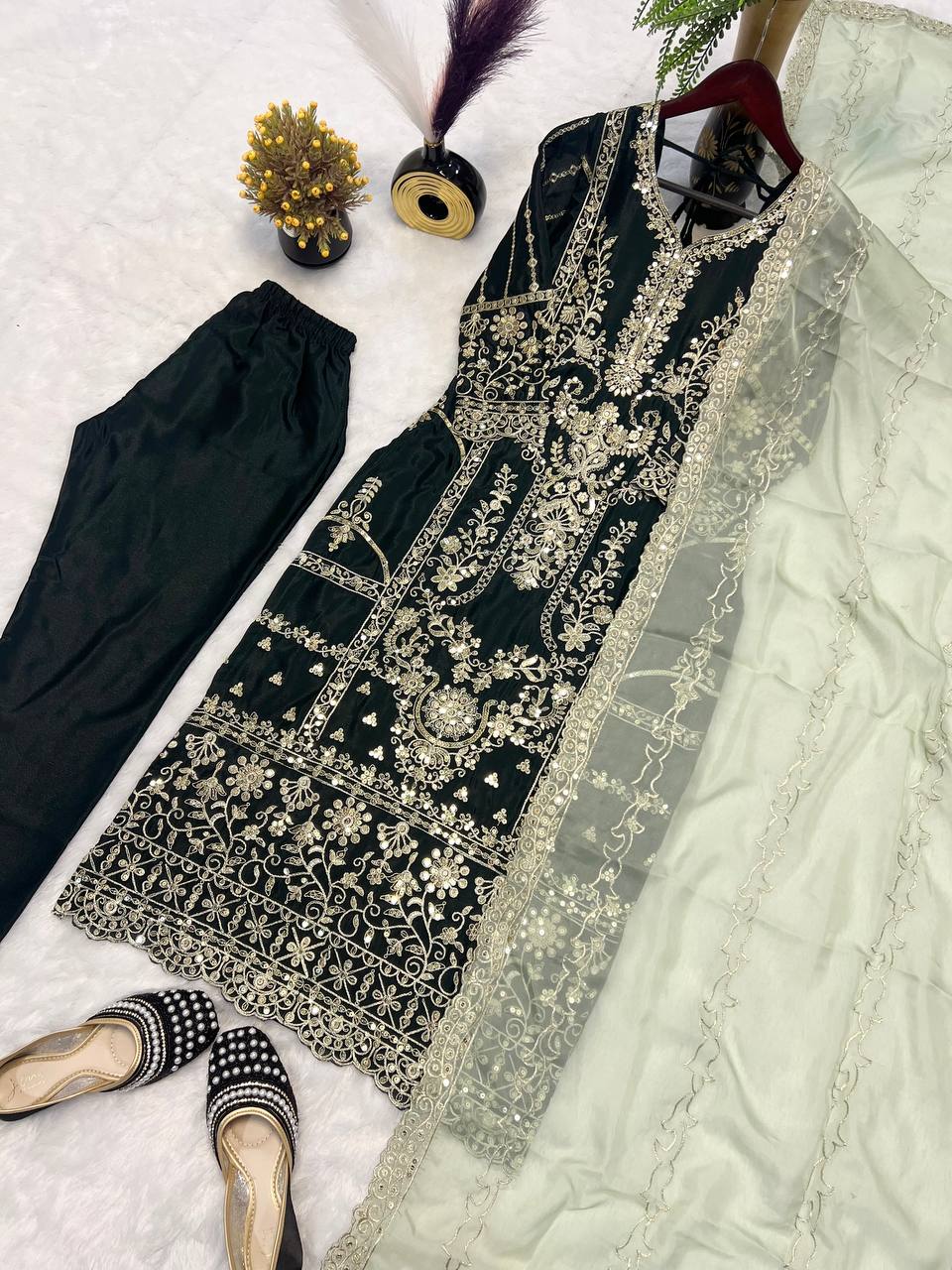 Beautiful Suit Set With Heavy Embroidery Coding Sequence Work