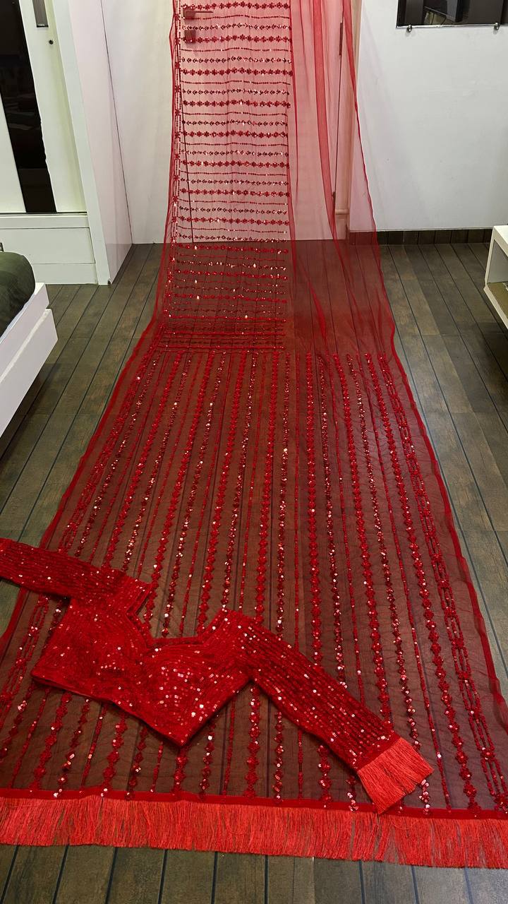 Beautiful Party Wear Saree With Sequence & Thread Work