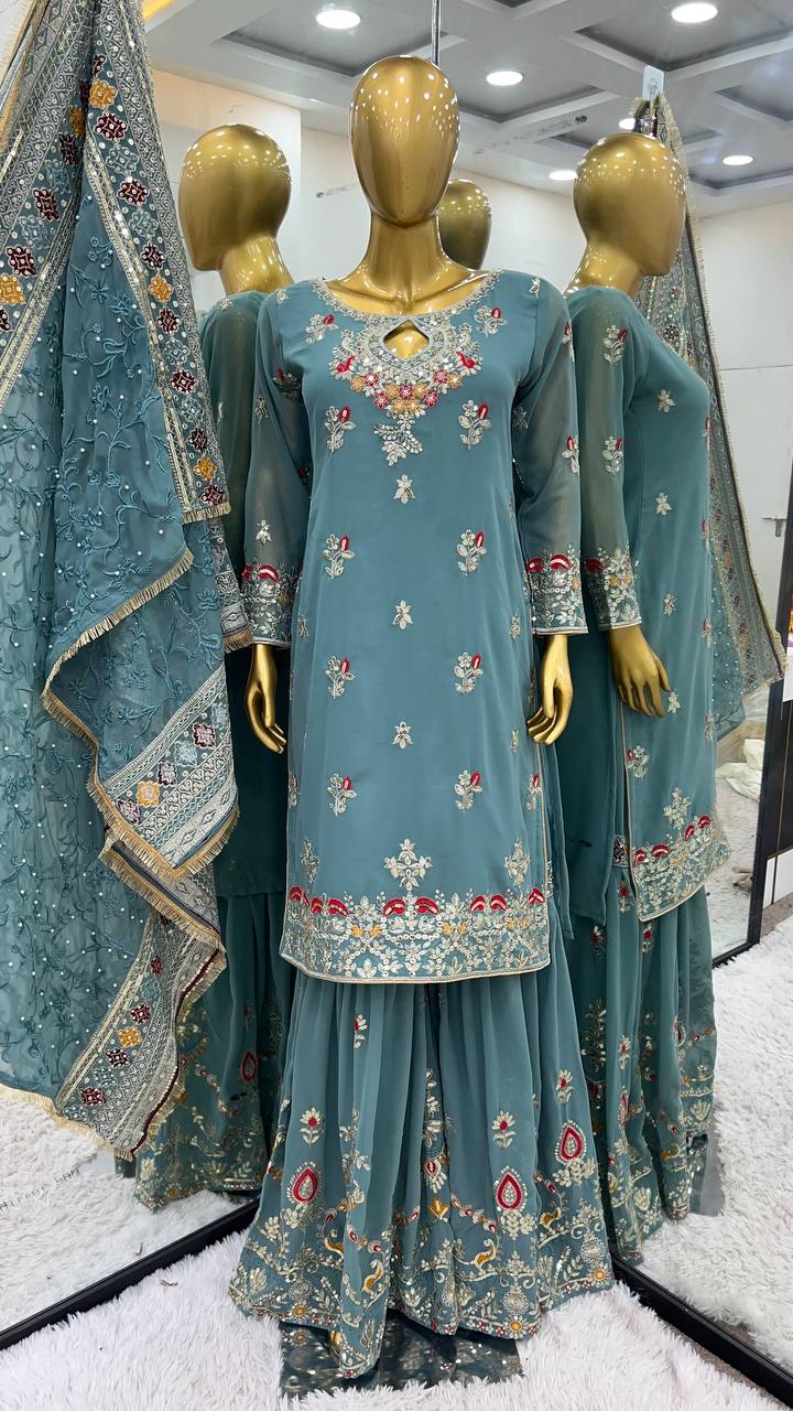 Party Wear Look Top-Plazzo and Dupatta With Heavy Embroidery Work