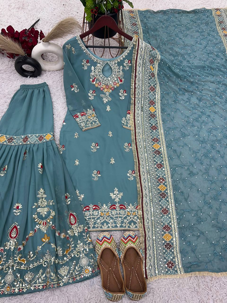 Party Wear Look Top-Plazzo and Dupatta With Heavy Embroidery Work
