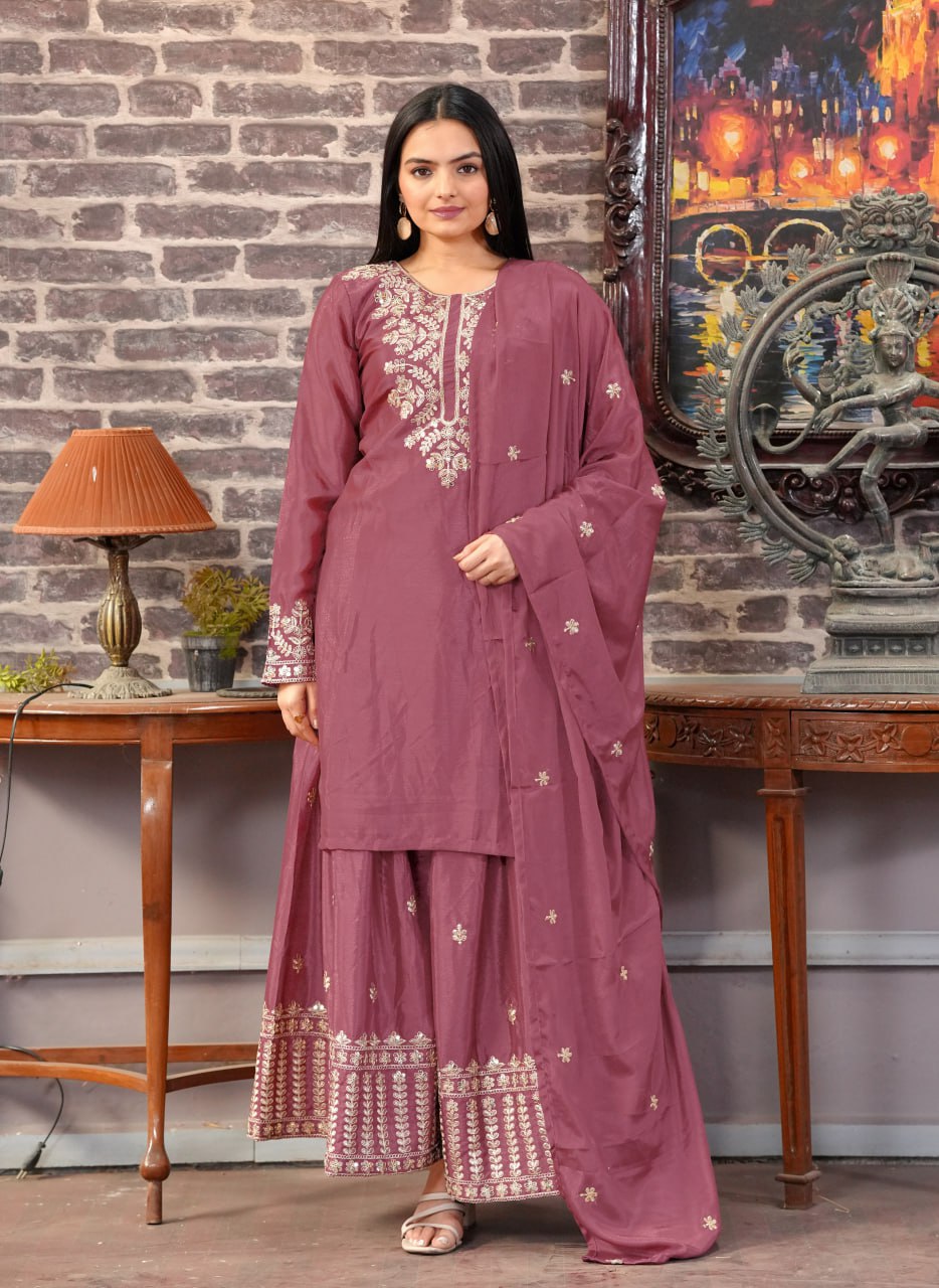 Designer Embroidered Chinon Suit With Sequence Embroidered Work
