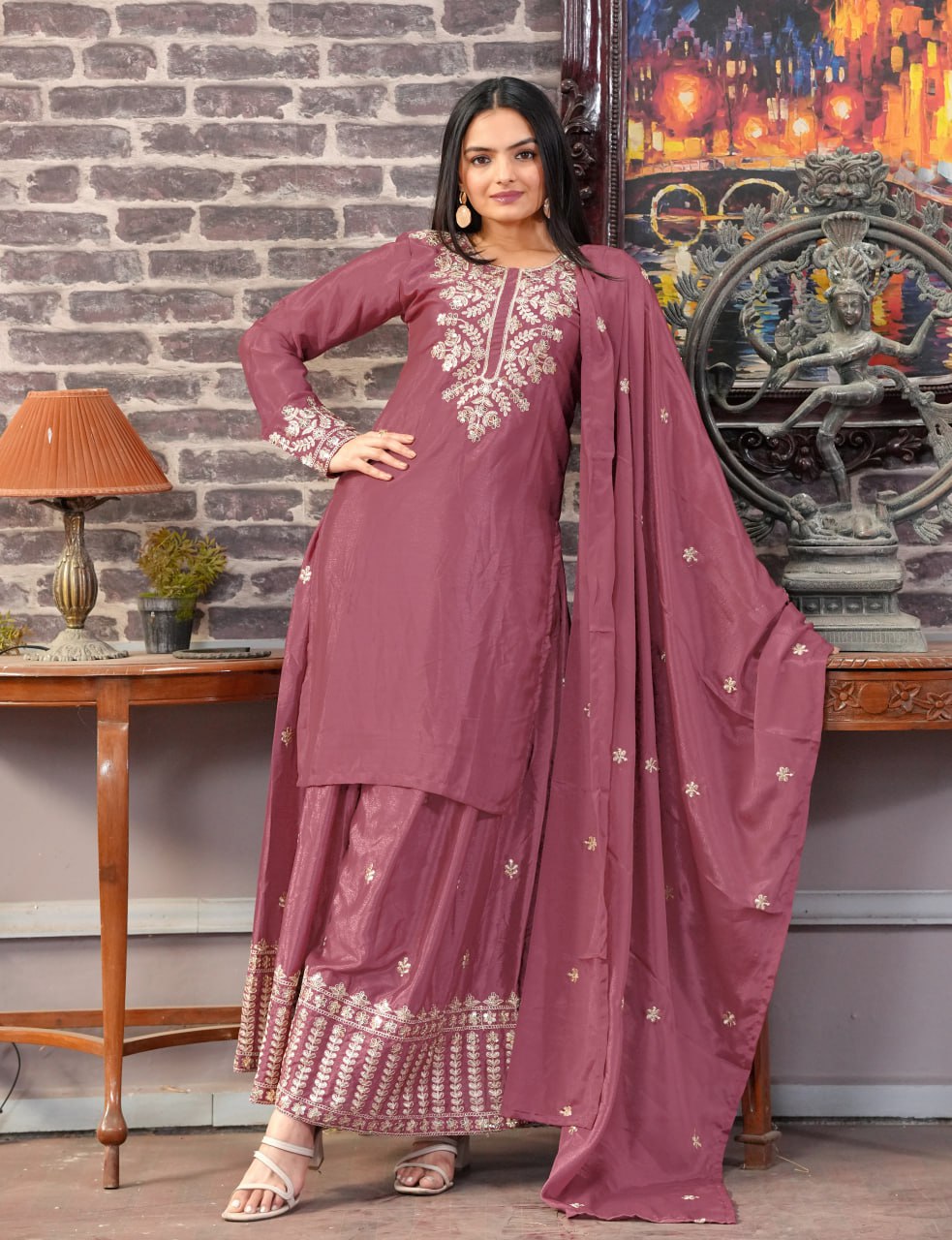 Designer Embroidered Chinon Suit With Sequence Embroidered Work