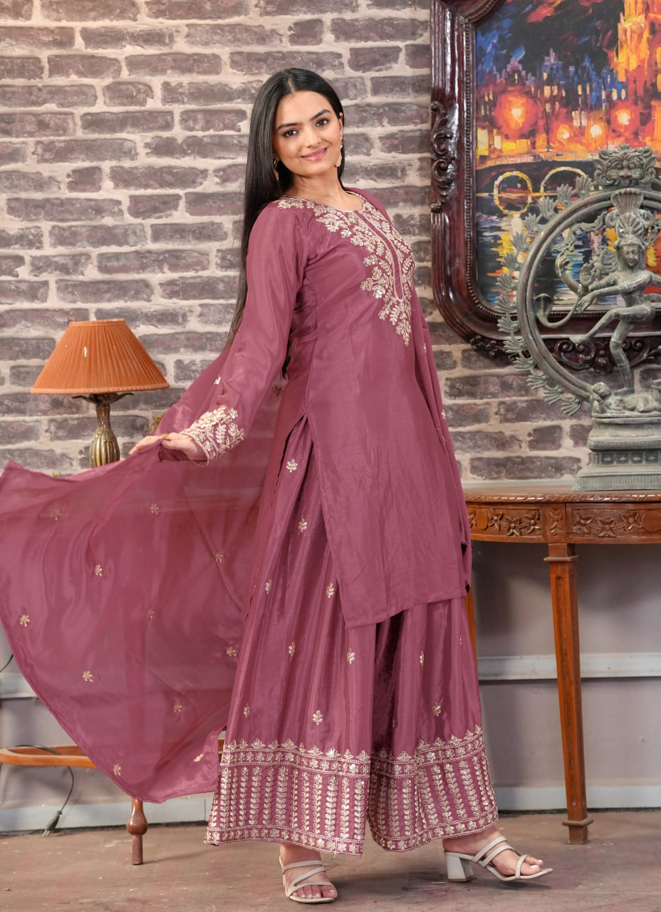 Designer Embroidered Chinon Suit With Sequence Embroidered Work