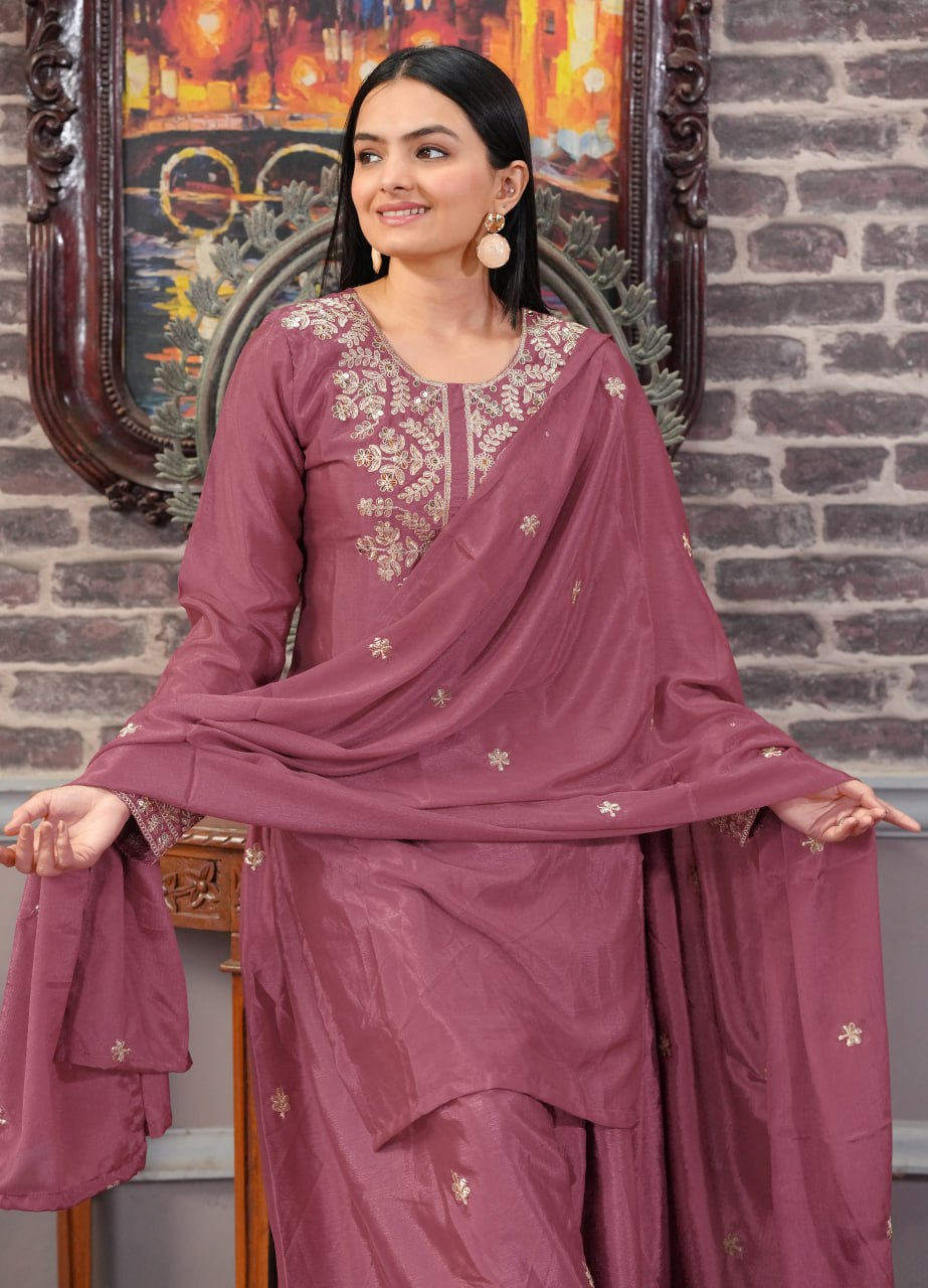 Designer Embroidered Chinon Suit With Sequence Embroidered Work