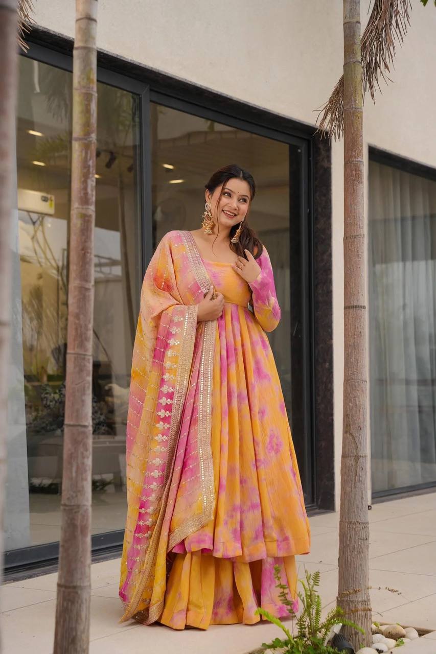 Fancy Gown And Dupatta Set With Embroidery Sequence Work