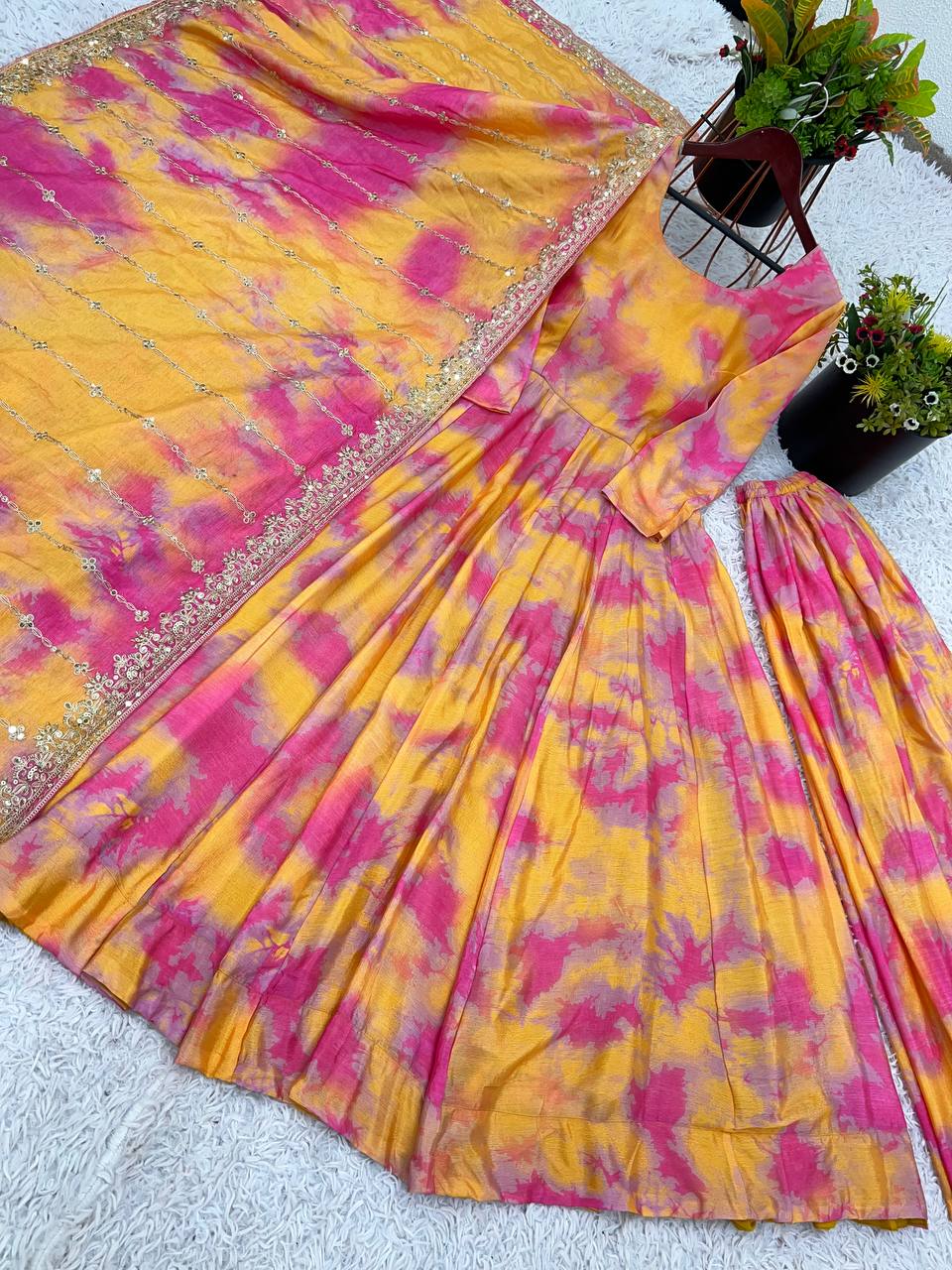 Fancy Gown And Dupatta Set With Embroidery Sequence Work