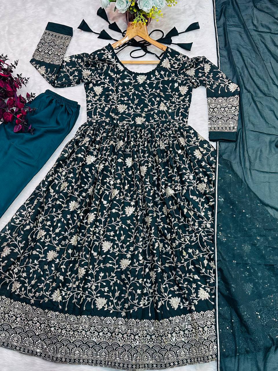 Party Wear Beautiful Anarkali Gown, Pent And Dupatta