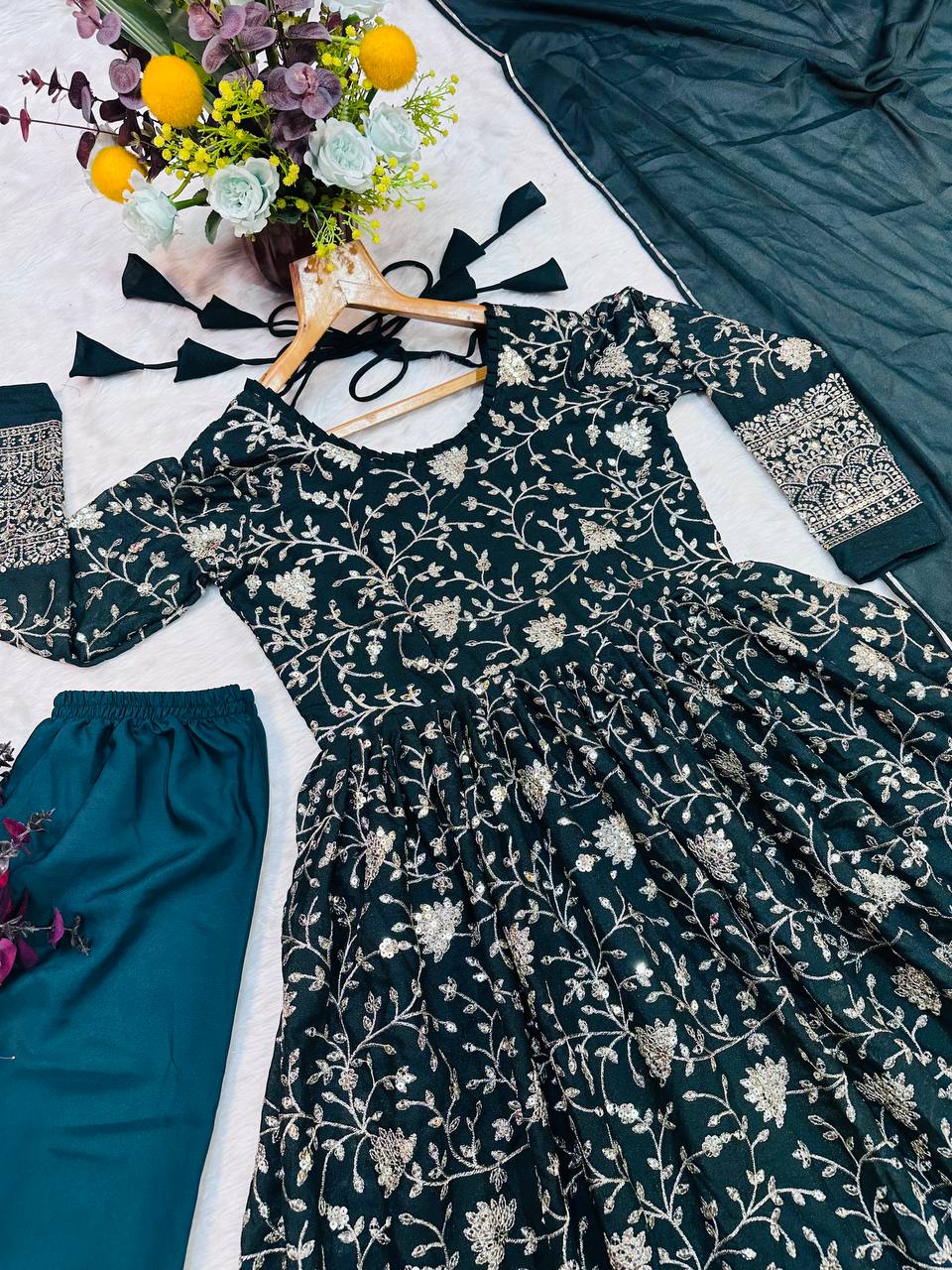 Party Wear Beautiful Anarkali Gown, Pent And Dupatta