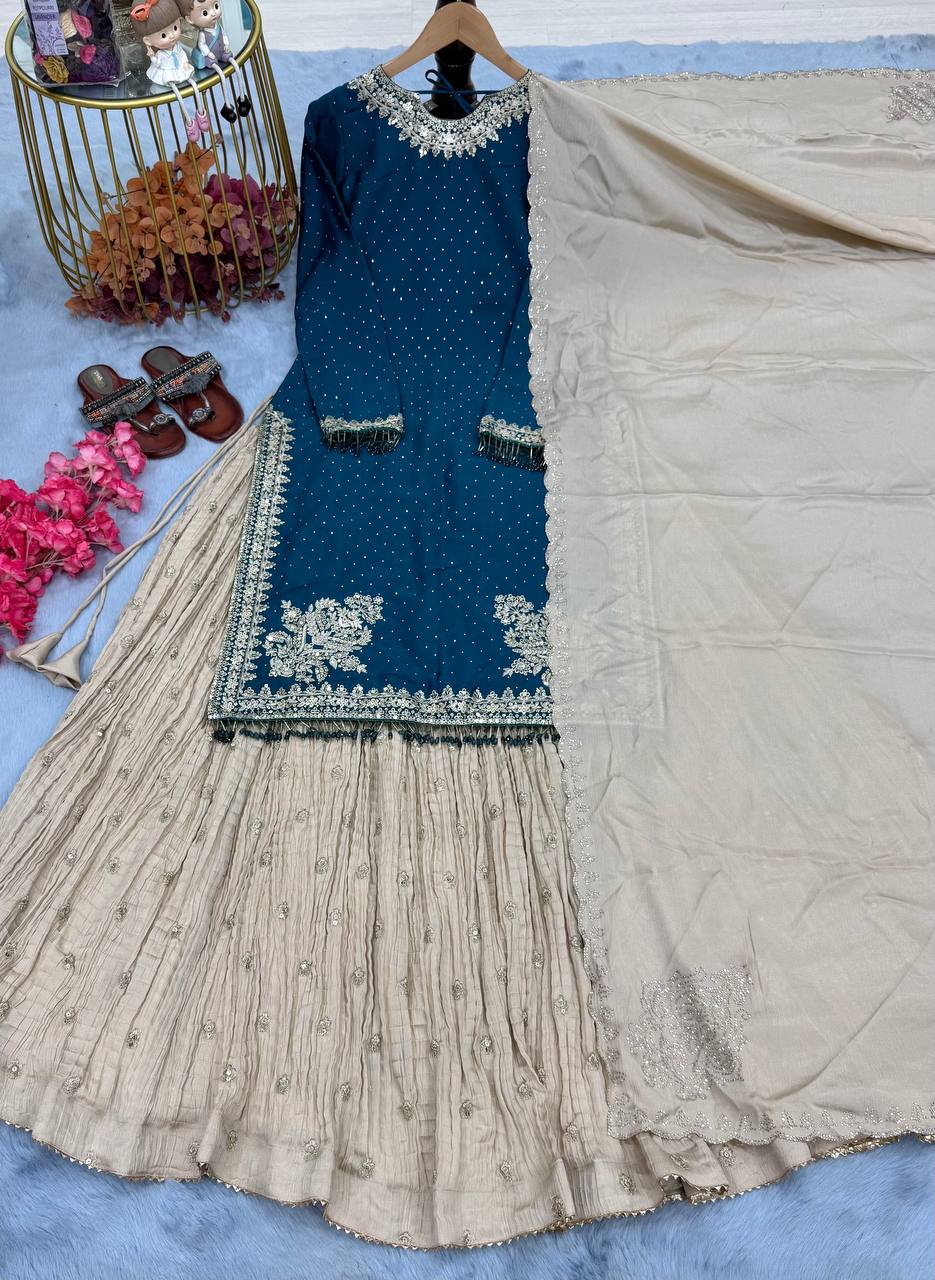 डिज़ाइनर पार्टी वियर लुक टॉप लहंगा और दुपट्टा