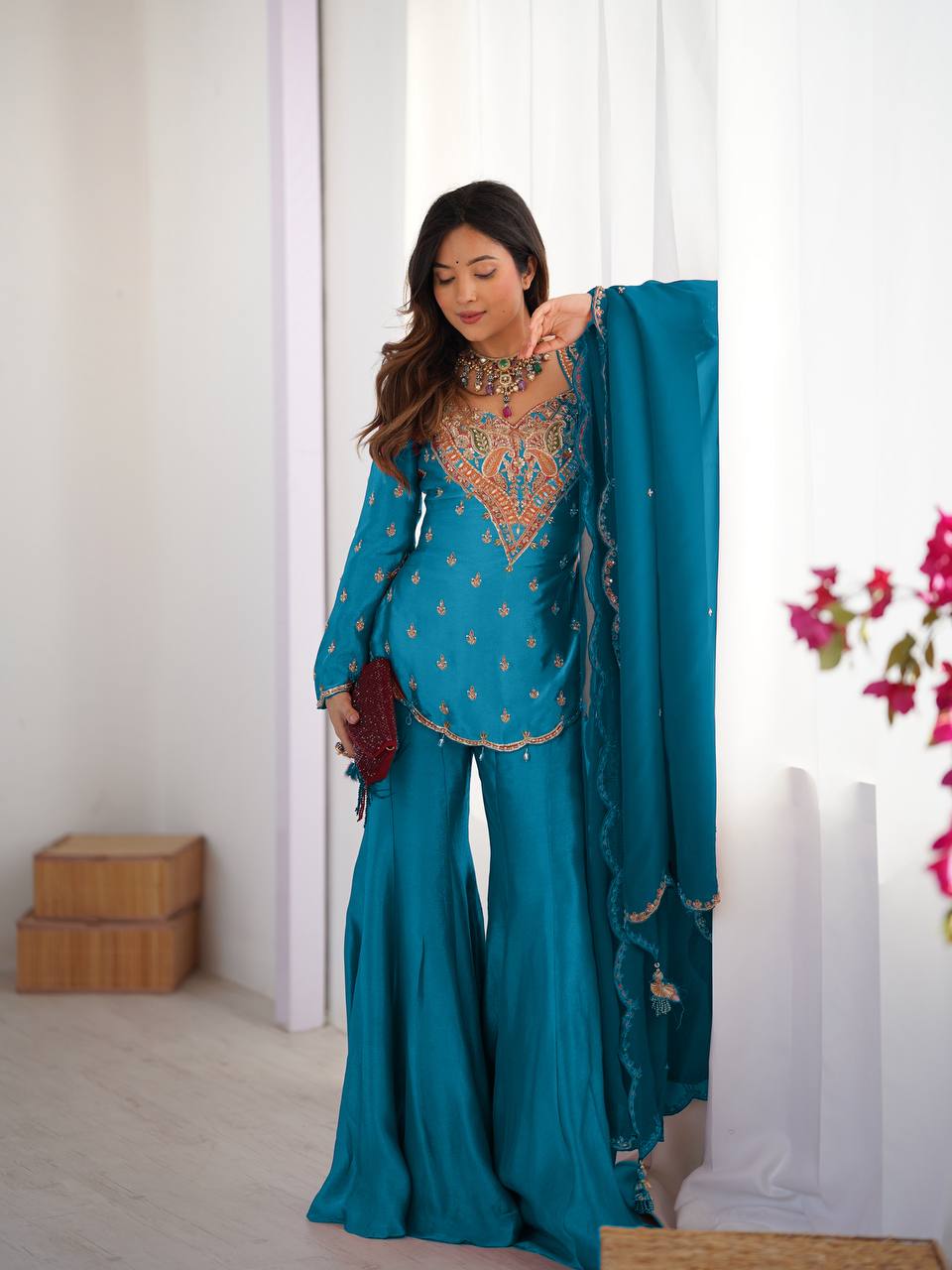 Beautiful Top-Bottom And Dupatta With Embroidery Work