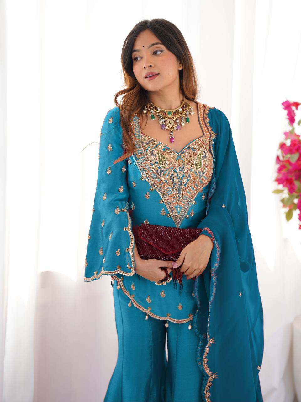 Beautiful Top-Bottom And Dupatta With Embroidery Work