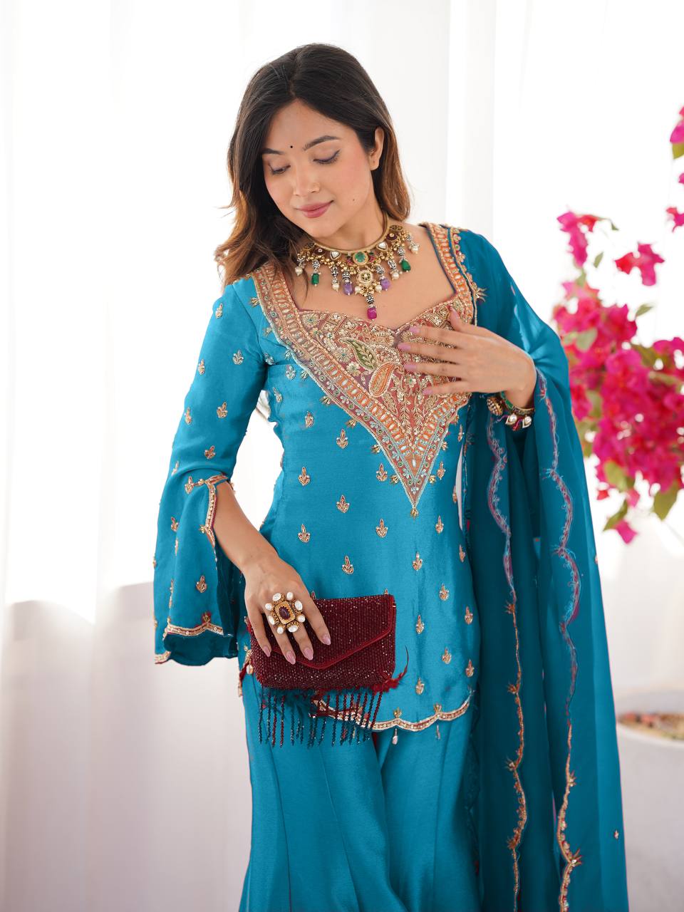 Beautiful Top-Bottom And Dupatta With Embroidery Work