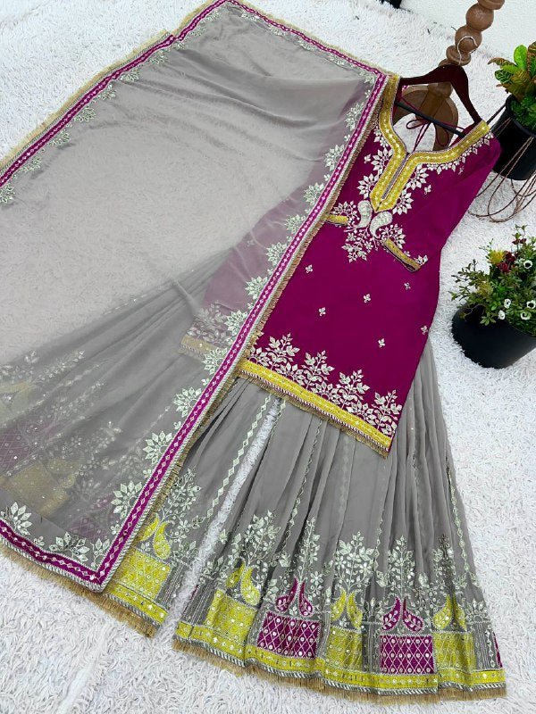 डिज़ाइनर पार्टी वियर लुक टॉप-प्लाज़ो और दुपट्टा हैवी एम्ब्रॉयडरी वर्क के साथ