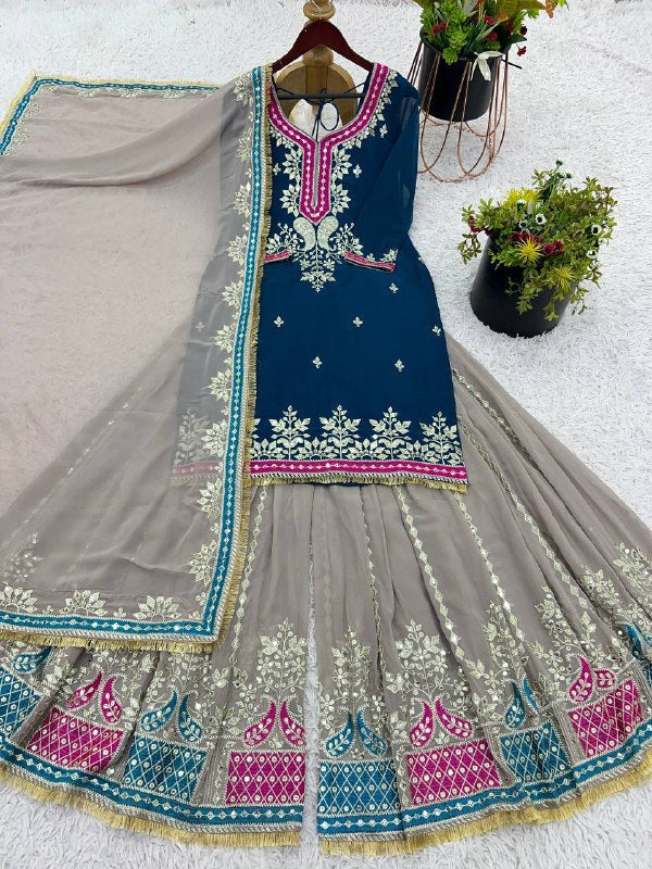 Designer Party Wear Look Top-Plazzo And Dupatta With Heavy Embroidery Work