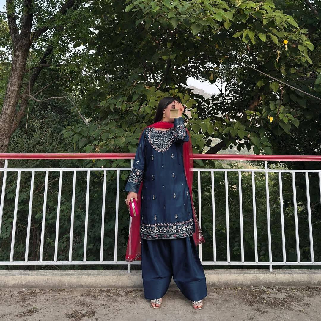 ज़री, धागे और सेक्विन कढ़ाई के काम के साथ डिज़ाइनर सूट सेट