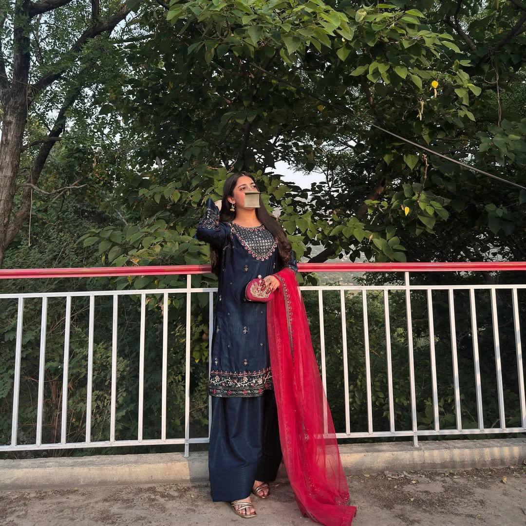 ज़री, धागे और सेक्विन कढ़ाई के काम के साथ डिज़ाइनर सूट सेट