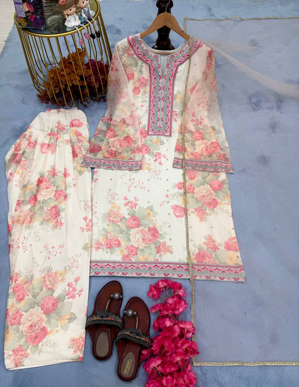 Designer Party Wear Look Top & Palazzo With Dupatta Set