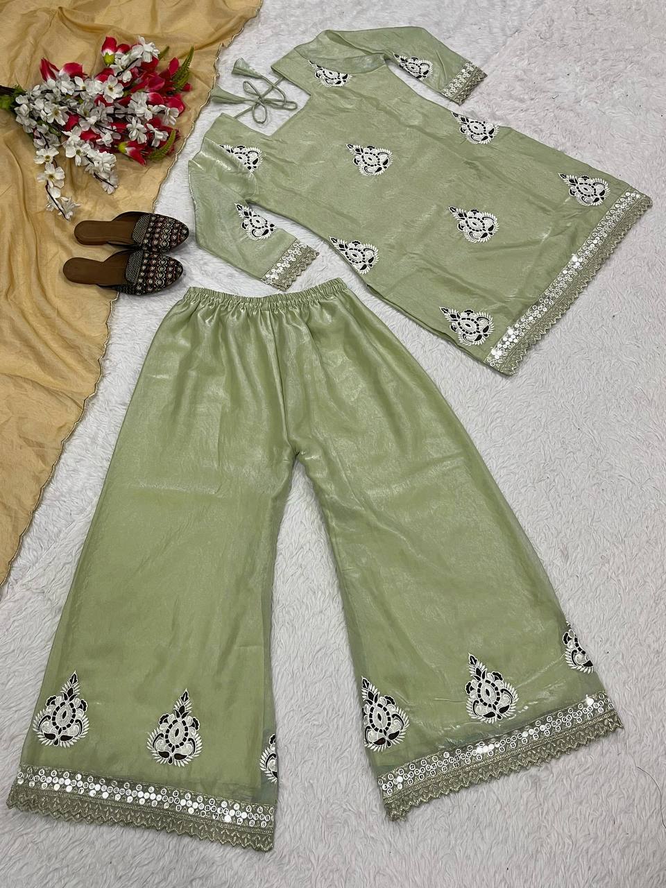 डिज़ाइनर पार्टी वियर लुक टॉप, प्लाज़ो और दुपट्टा