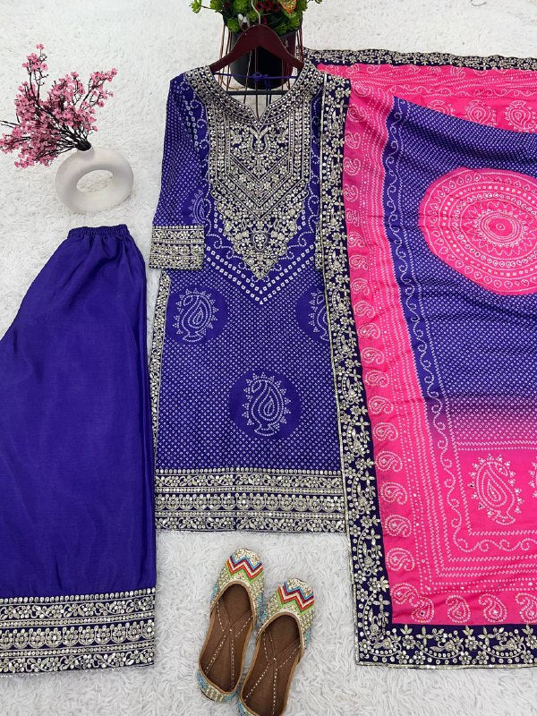 डिजिटल प्रिंट और कढ़ाई अनुक्रम कार्य के साथ फैंसी टॉप-बॉटम और दुपट्टा