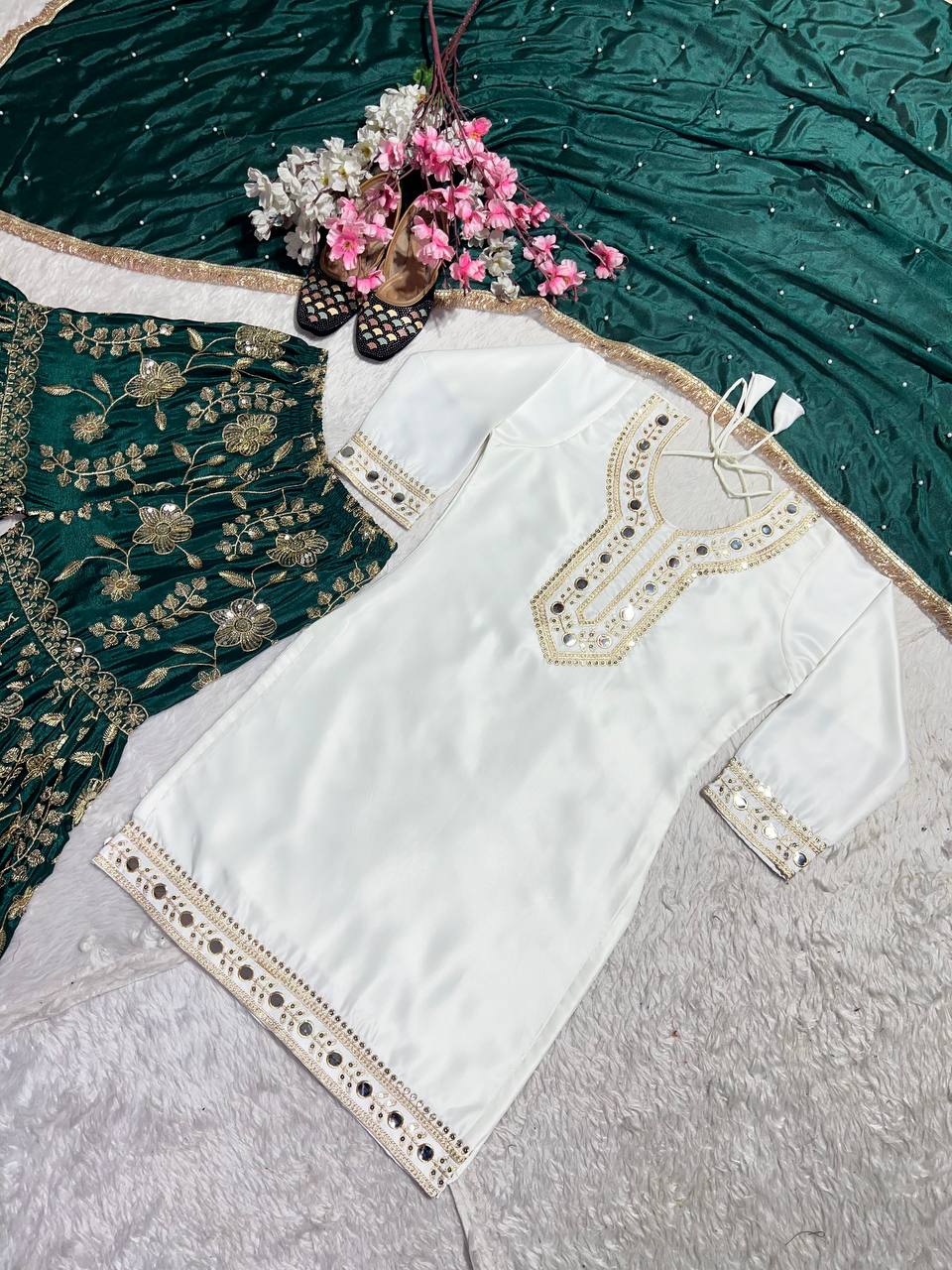 Designer Party Wear Top Sharara With Hand Paper Mirror Work