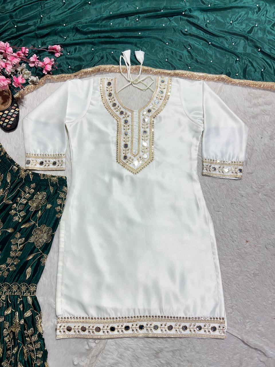 Designer Party Wear Top Sharara With Hand Paper Mirror Work