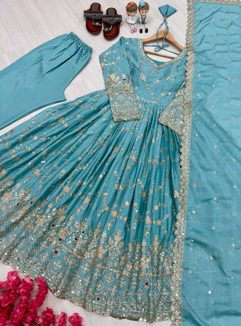 Designer Party Wear Look Fancy Anarkali Gown, Dupatta & Bottom