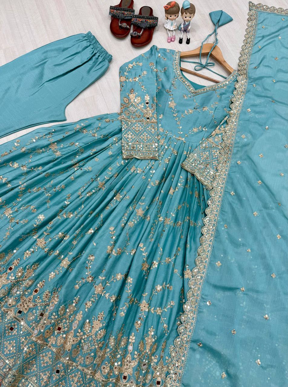 Designer Party Wear Look Fancy Anarkali Gown, Dupatta & Bottom