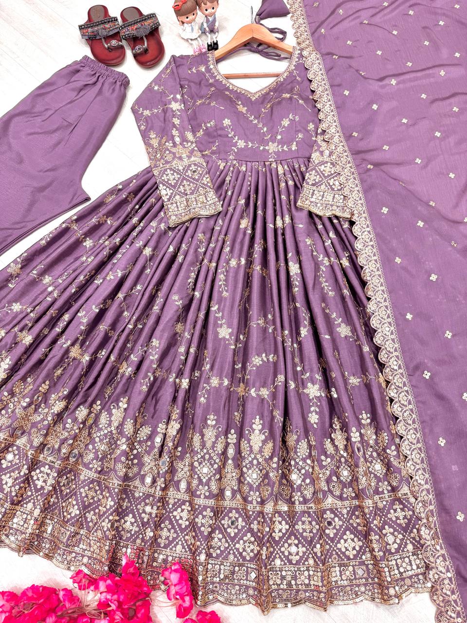 Designer Party Wear Look Fancy Anarkali Gown, Dupatta & Bottom