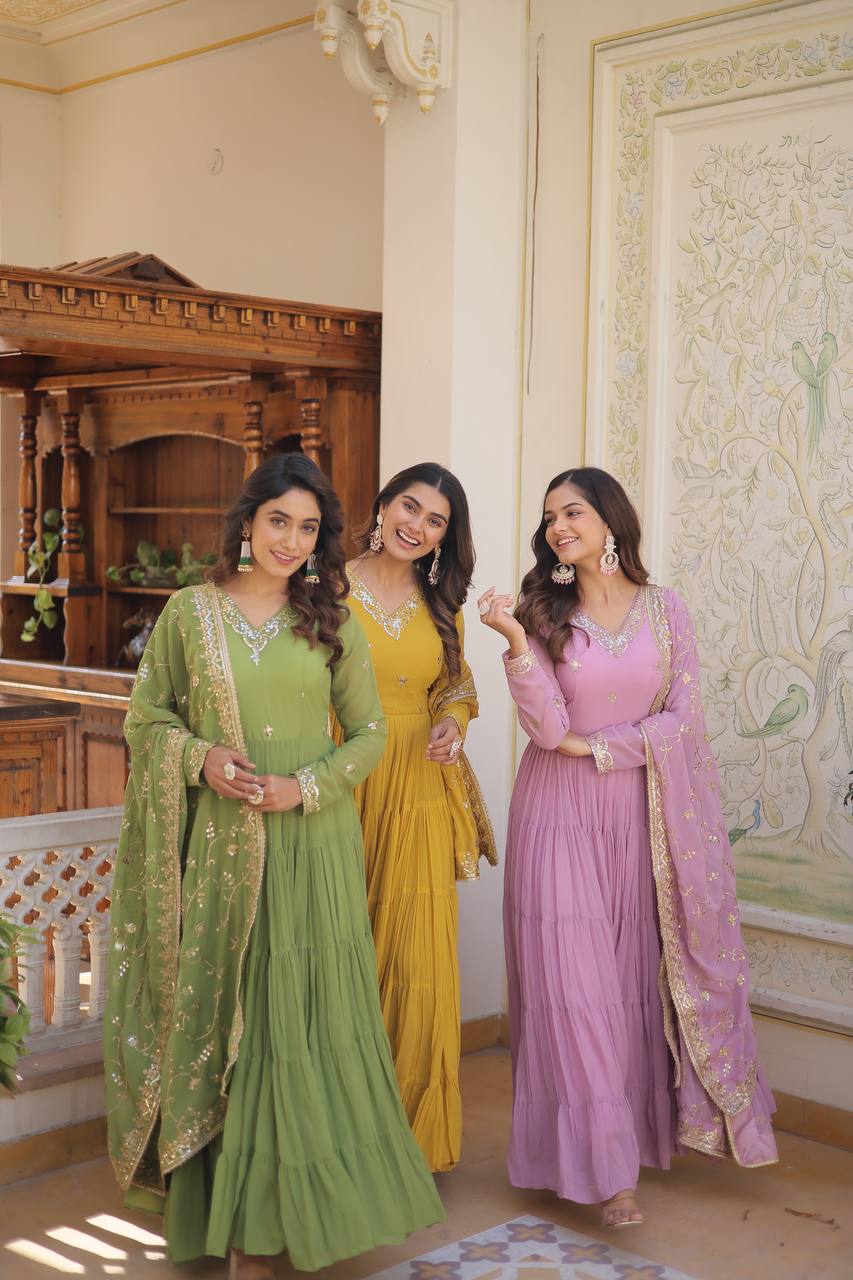 Designer Party Wear Gown With Sequins And Embroidered Work