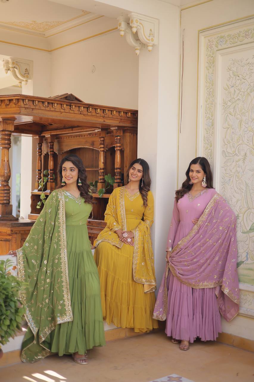 Designer Party Wear Gown With Sequins And Embroidered Work