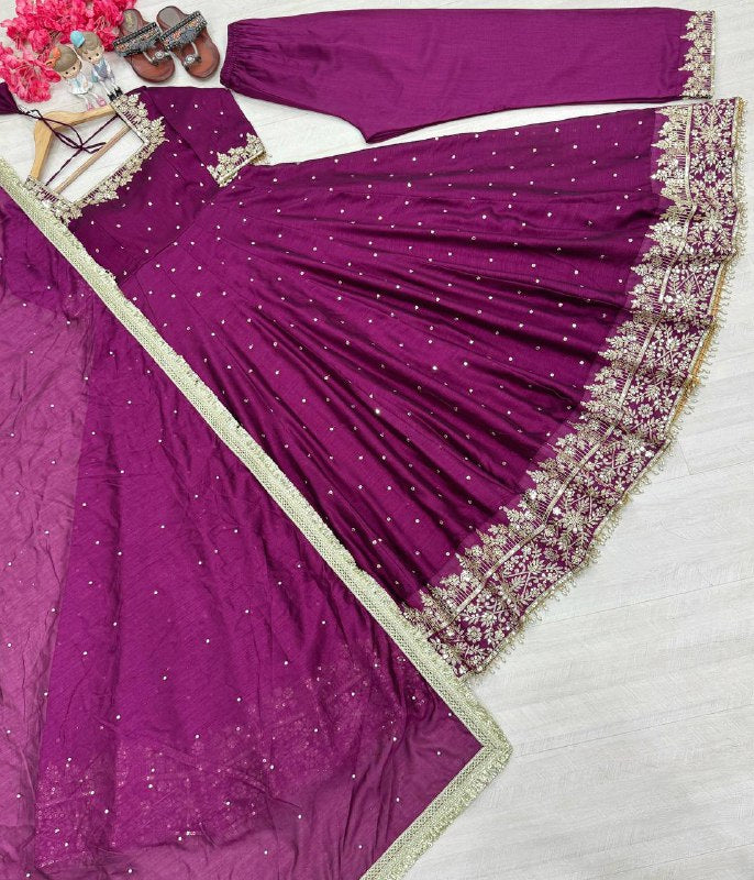 Party Wear Look Pure Vichitra Silk Anarkali Gown, Dupatta & Pent Plazzo Set