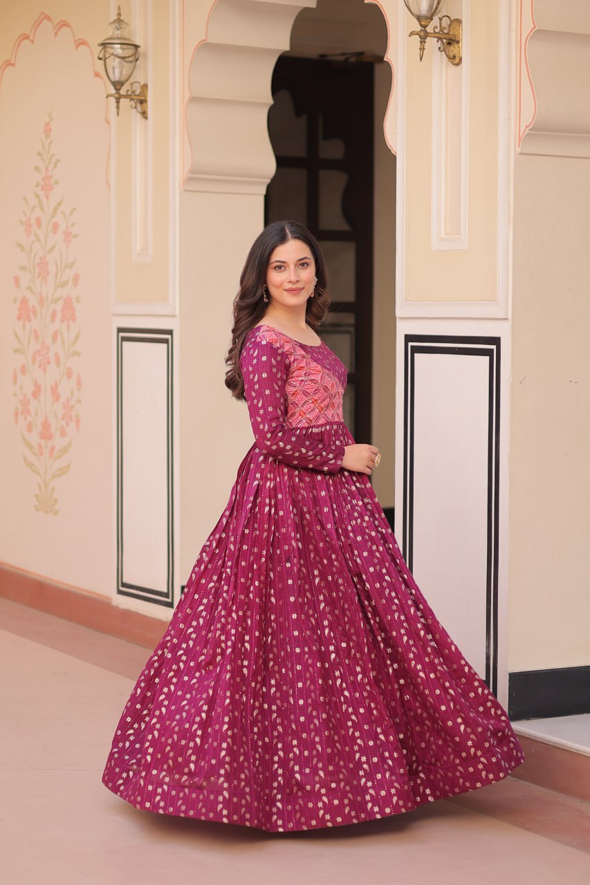 Party Look Wear Beautiful Gown With Weaving Work