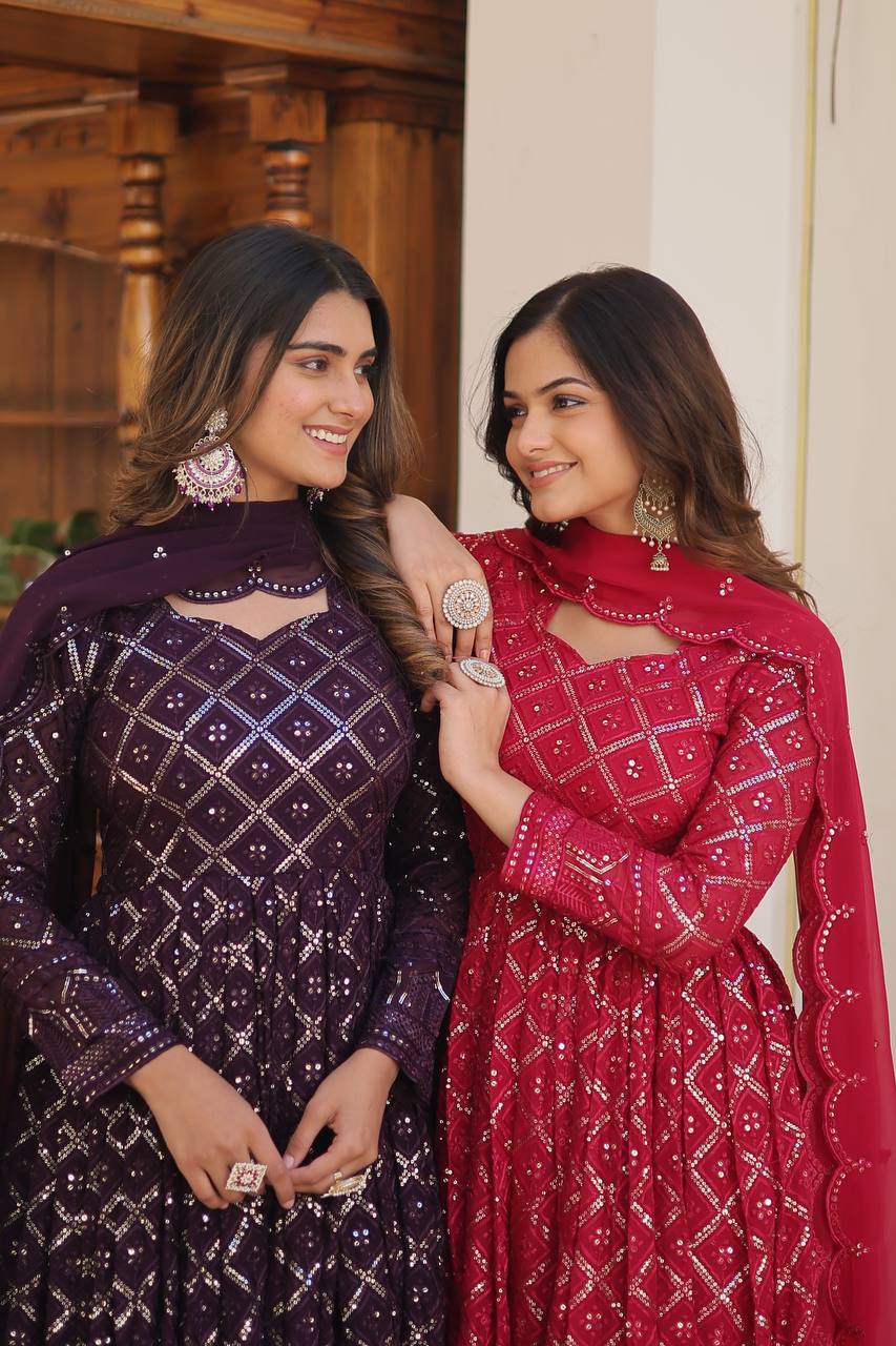 Designer Gown And Dupatta With Sequins Embroidered Work