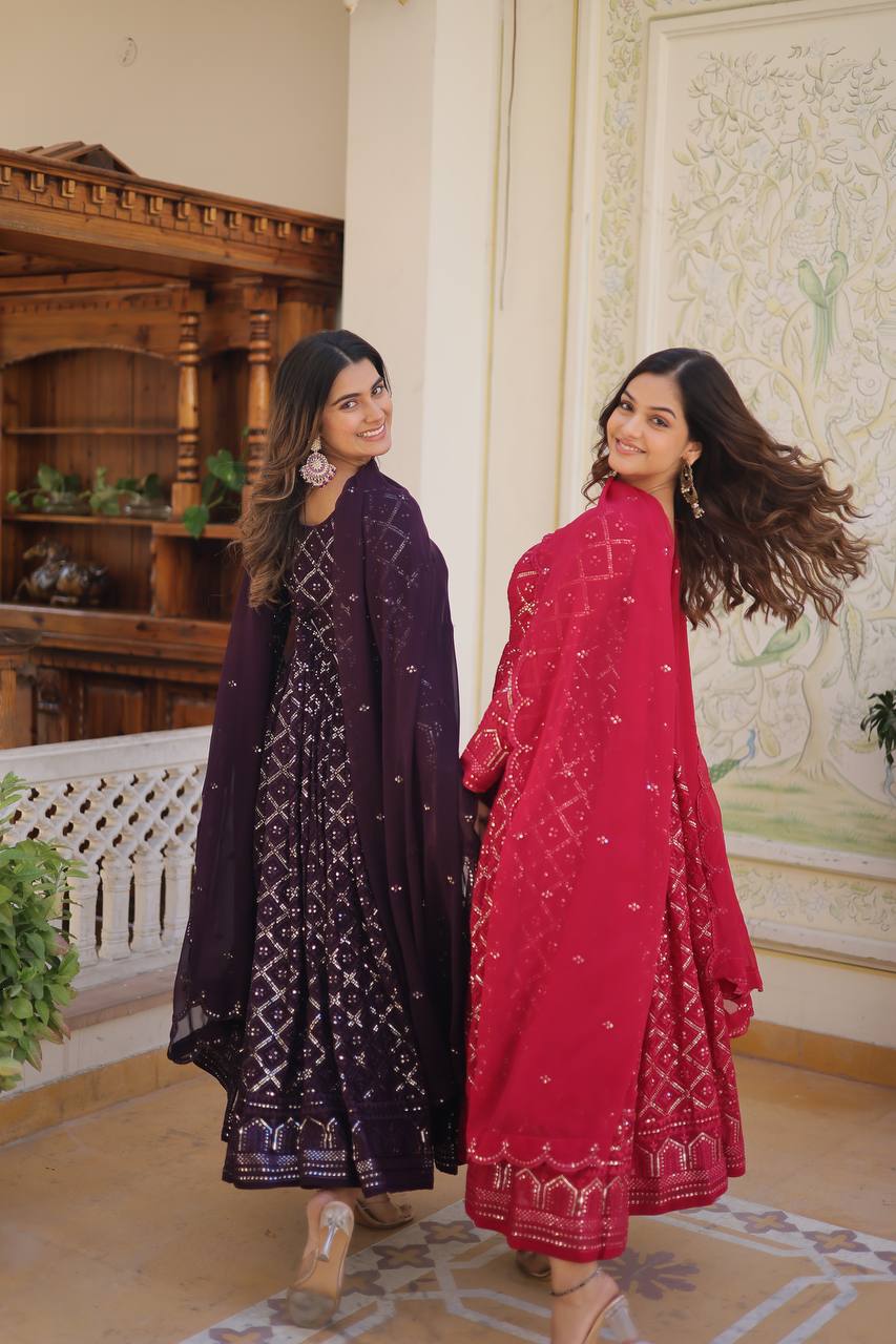 Designer Gown And Dupatta With Sequins Embroidered Work