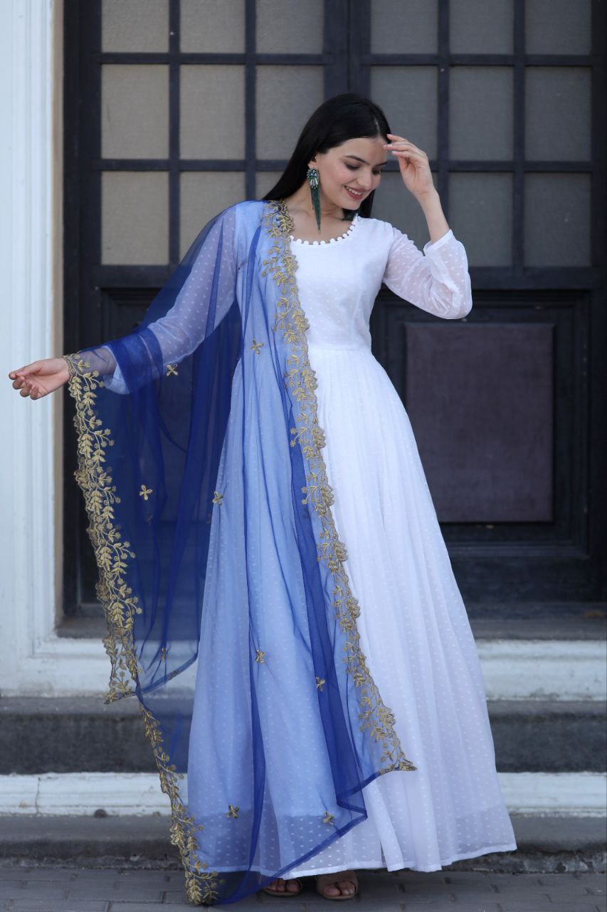 Designer Gown And Dupatta With Zari Embroidery Work