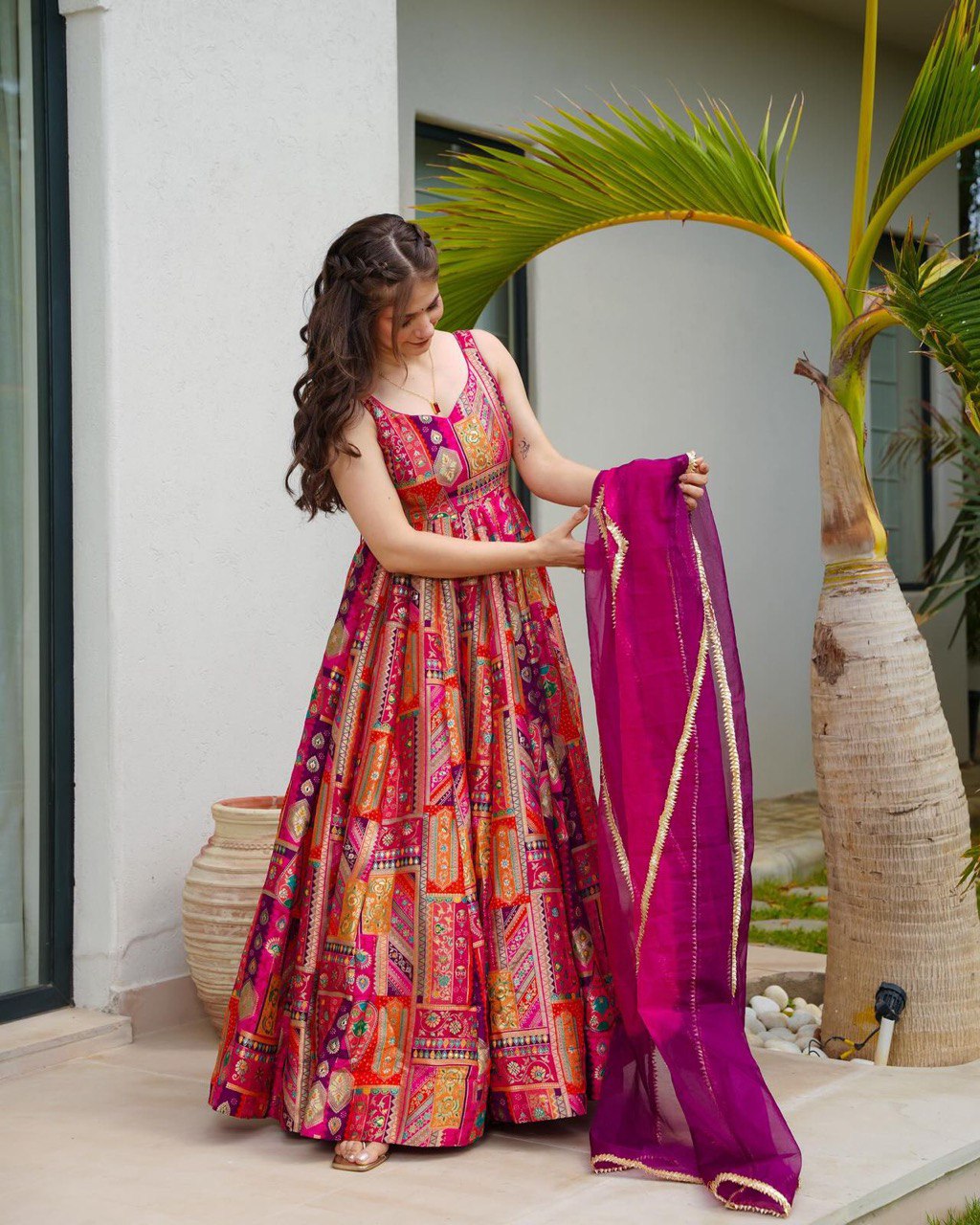 Party Wear Look Beautiful Anarkali Gown And Dupatta