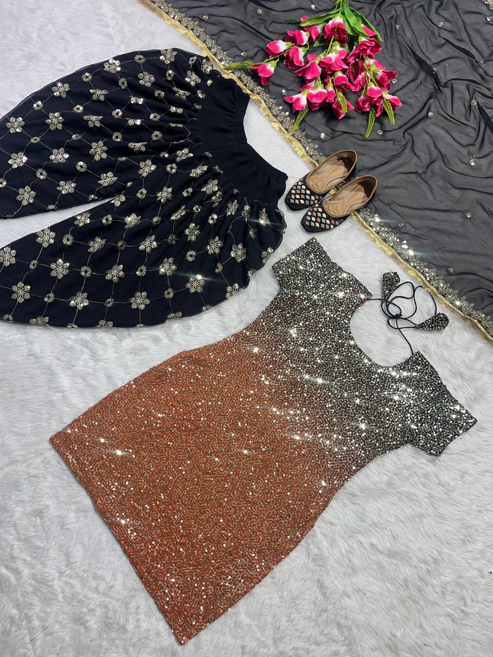 डिज़ाइनर पार्टी वियर लुक टॉप, धोती सलवार और दुपट्टा