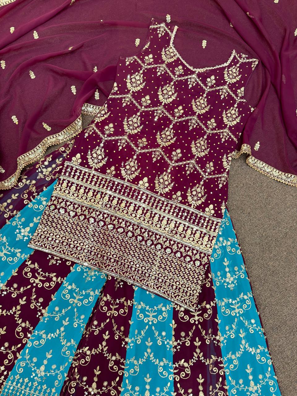 Beautiful Top - Plazzo & Dupatta With Embroidery And Sequins Work
