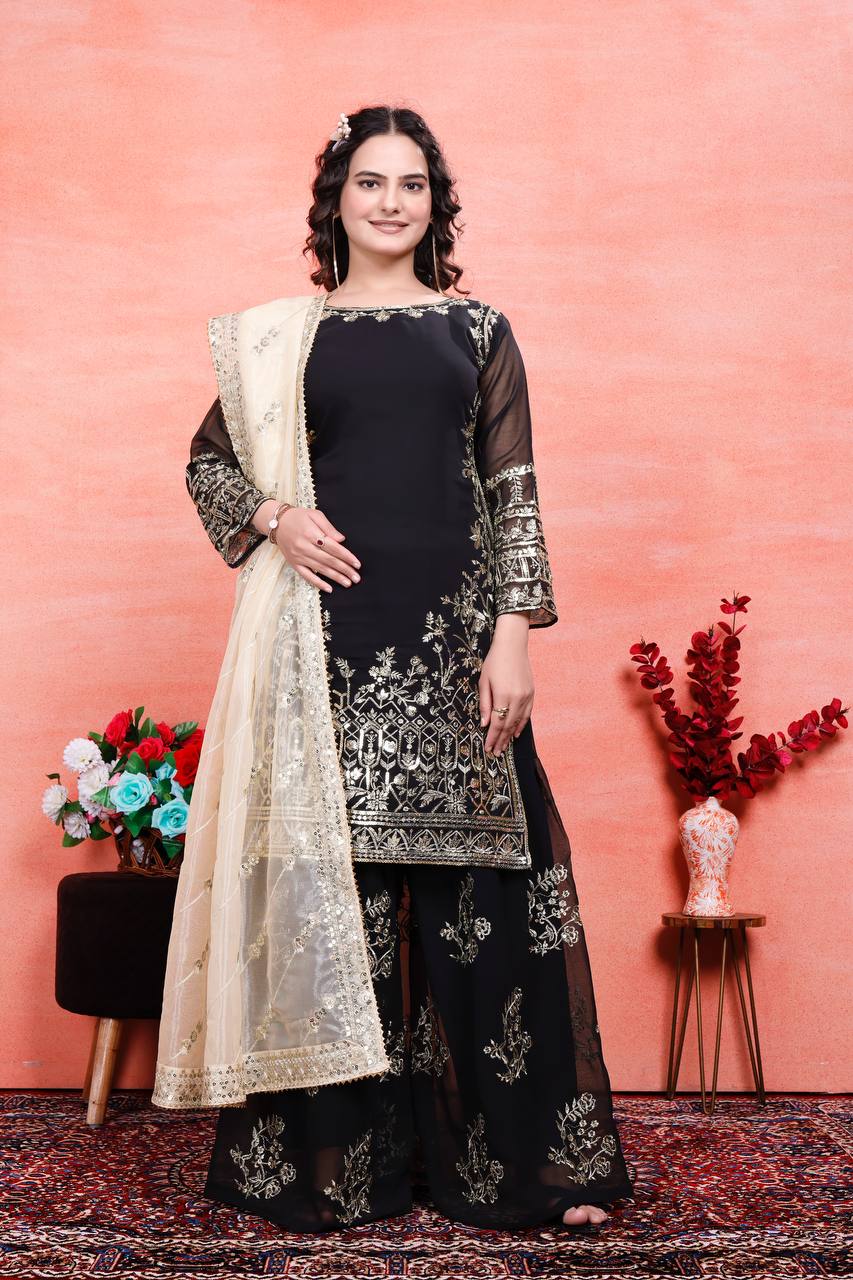 डिज़ाइनर पार्टी वियर लुक टॉप-प्लाज़ो और दुपट्टा कढ़ाई वर्क के साथ