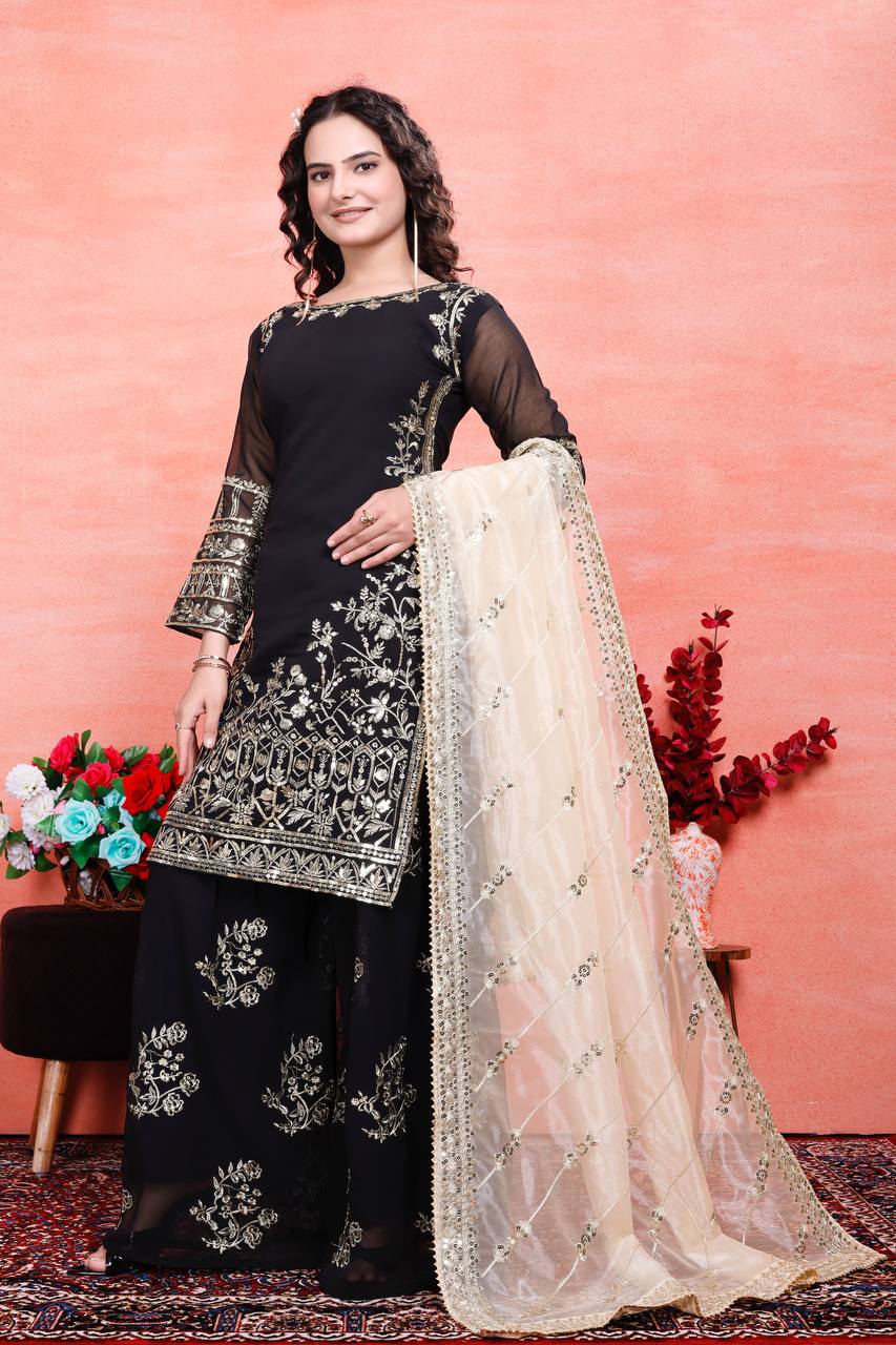 डिज़ाइनर पार्टी वियर लुक टॉप-प्लाज़ो और दुपट्टा कढ़ाई वर्क के साथ