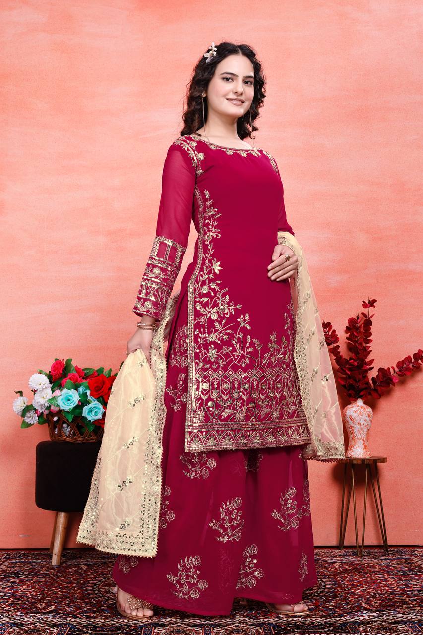 डिज़ाइनर पार्टी वियर लुक टॉप-प्लाज़ो और दुपट्टा कढ़ाई वर्क के साथ