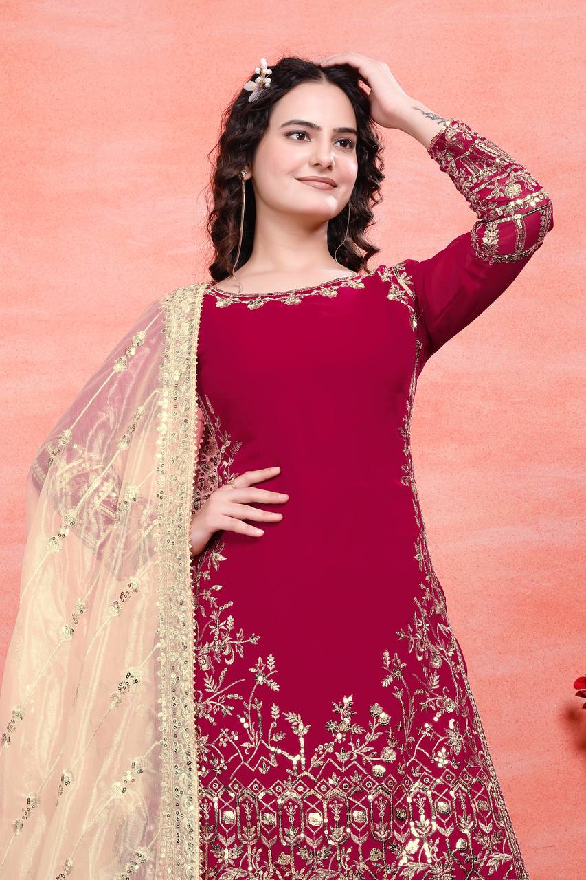 डिज़ाइनर पार्टी वियर लुक टॉप-प्लाज़ो और दुपट्टा कढ़ाई वर्क के साथ