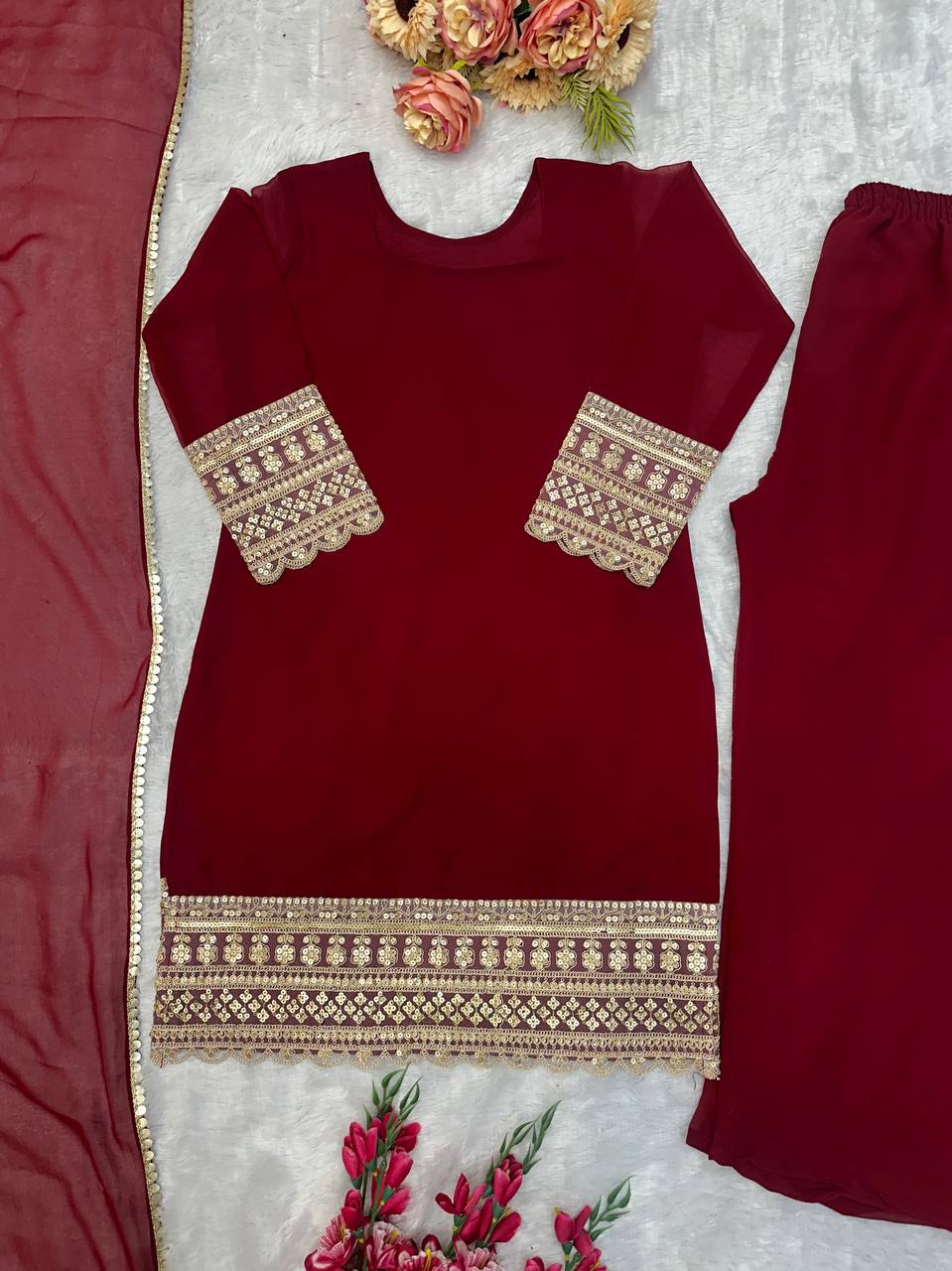 डिज़ाइनर पार्टी वियर टॉप प्लाज़ो और दुपट्टा