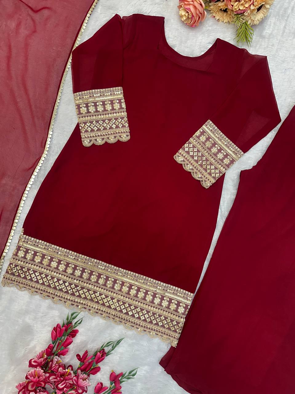 डिज़ाइनर पार्टी वियर टॉप प्लाज़ो और दुपट्टा