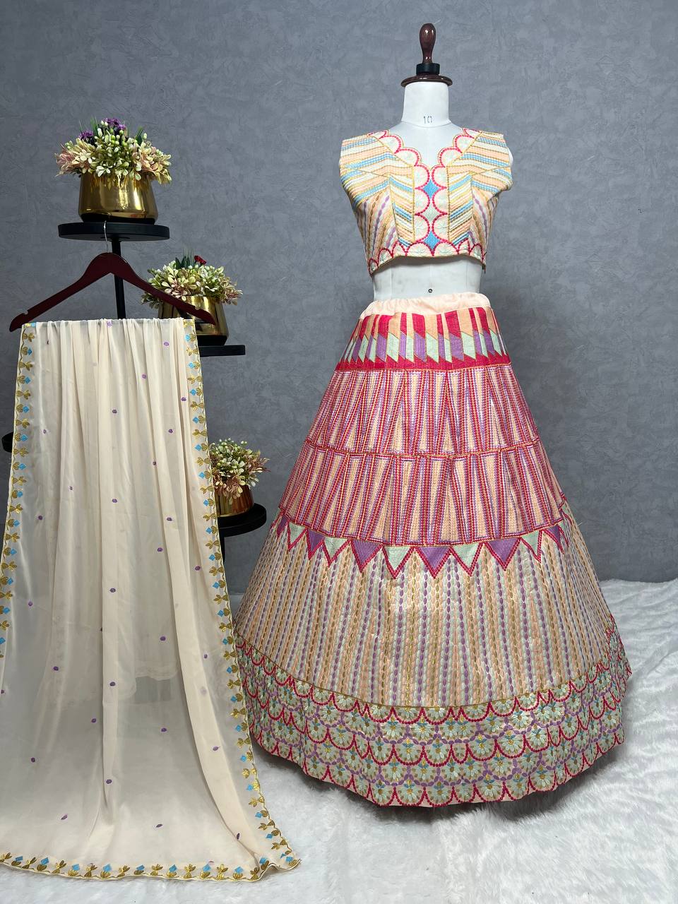 Designer Lehenga - Choli And Dupatta With Embroidery Thread Work