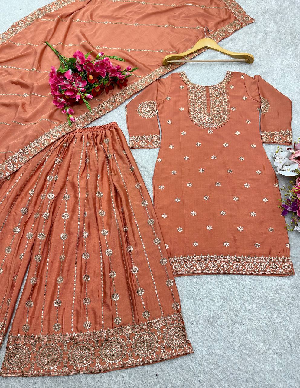 Beautiful Top-Sarara And Dupatta With Embroidery Sequence Work