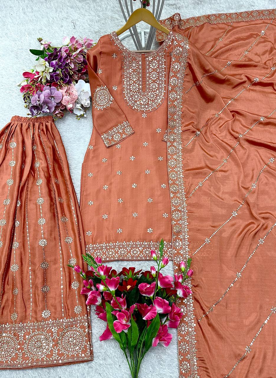 Beautiful Top-Sarara And Dupatta With Embroidery Sequence Work
