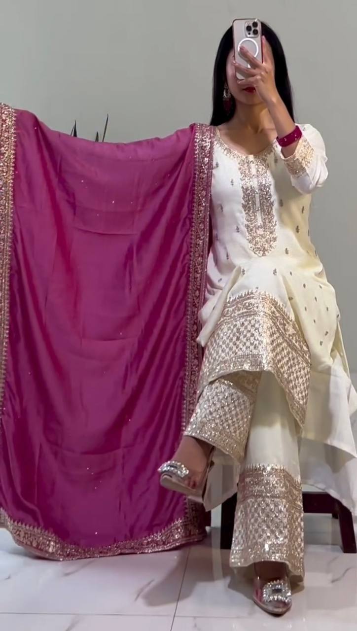 कढ़ाई अनुक्रम कार्य के साथ डिजाइनर टॉप-बॉटम और दुपट्टा