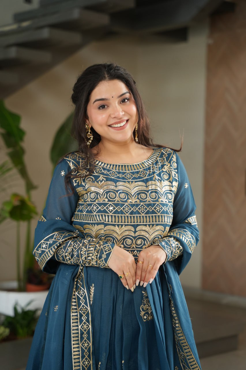 Designer Gown And Dupatta With Sequins-Multi And Embroidered Work